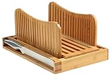 Bambusi Bread Slicer Cutting Guide with Knife - Bamboo Bread Cutter for Homemade Bread, Loaf Cakes, Bagels - Foldable and Compact with Crumbs Tray and Knife