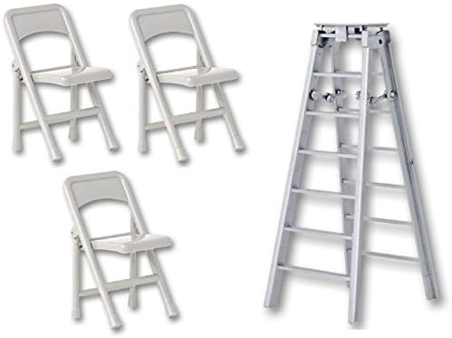 Wrestling Figure Accessories: 6" Silver Ladder & 3 Silver Chairs (Great for 7" WWE & TNA action figures)