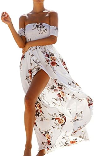 Ebizza Women's Boho Elegant Off Shoulder Floral Print Maxi Beach Long Dress - L White
