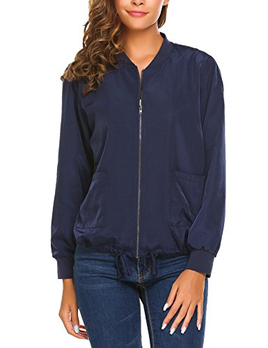 Zeagoo Women Classic Solid Biker Jacket Zip Up Bomber Jacket Coat,Navy Blue5,Large