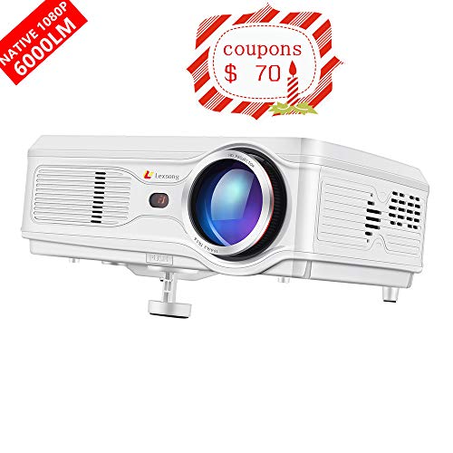 Lexsong HD Video Projector Native 1920×1080P and 300″ Display LED LCD Portable Theater Projectors 6000 Lumens for Home Outdoor Company Compatible with TV Stick, Phone, PS4, HDMI, VGA, TF and USB