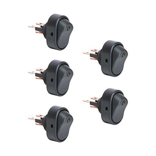 5pc 12V DC SPST Rocker Toggle Switch [30 Amp] [Mini Size] [Green LED] Power ON/Off Switch for Automotive Jeep ATV UTV Boat