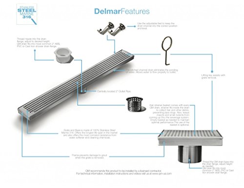 QM Square Shower Drain, Base and Grate made of 100% Stainless Steel Marine 316, Delmar Series Delta Line, Polished Finish, 4 inch, Kit includes Hair Trap/Strainer and Key - Thumbnail 5