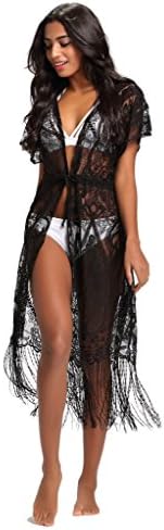 Abary Beach Lace Floral Dress Plus Size Beachwear Swimwear Bikini Cover Up Tassel Black XL