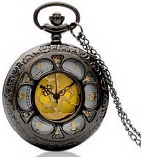 Pixle Pocket Watch - Antique Petals Gold Dial Pendant Pocket Watch Necklace Quartz Chain Black P079