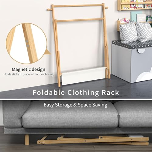 Homodoskey Kids Clothing Rack, Small Clothes Rack for Toddler Pets Dogs Cats, Kids Dress Up Rack with Storage Shelf & Double Rods, Foldable Kids Clothes Rack for Nursery Child's Room