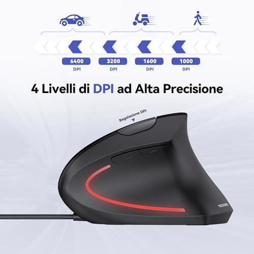 TECKNET Wired Vertical Mouse, 6400 DPI Ergonomic Wired Mouse, Wrist Protection, 1.5 m USB Cable, Silent Mouse with 6 Buttons for PC, Laptop, Windows, Mac, Black