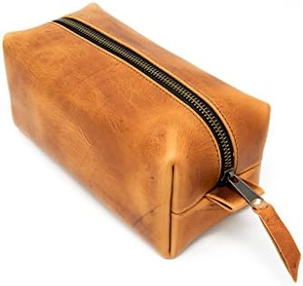 Genuine Leather Dopp Kit Portable Men's Toiletry Bag for Shaving and Grooming Supplies, Travel Cosmetic Organizer, Gift for Men Women, Zippered Bathroom Pouch Case. Made in USA. (Natural)