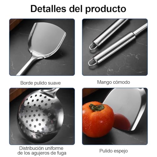 Juego de Utensilios de Cocina de Acero Inoxidable 11pcs Antiadherentes con Mango Resistente al Calor Accesorios de Cocina con Cucharones, Palas y Pinzas de Cocina
