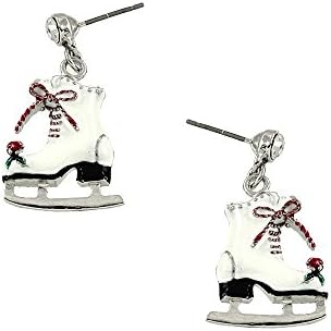 White Ice Skate With Red Lace Bows Rhinestone Silvertone Post Dangle Earrings