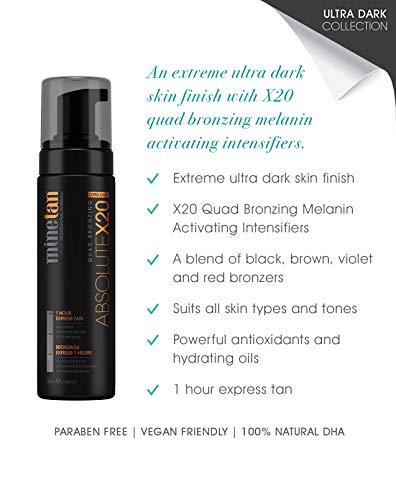 MineTan Absolute X20 Self Tan Foam - Ultra Dark Sunless Tanning Mousse With X20 Quad Bronzers, 1 Hour Express Tan, 6.7 fl oz
