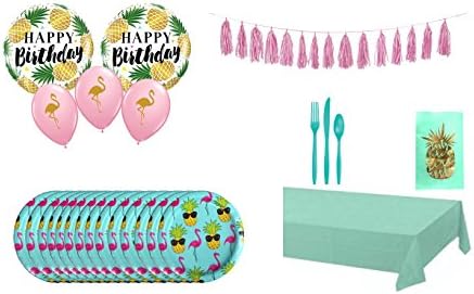 Pineapple & Flamingo Party Pack 16 Guest Desert Plates Plus BALLOONS & Party Tassels