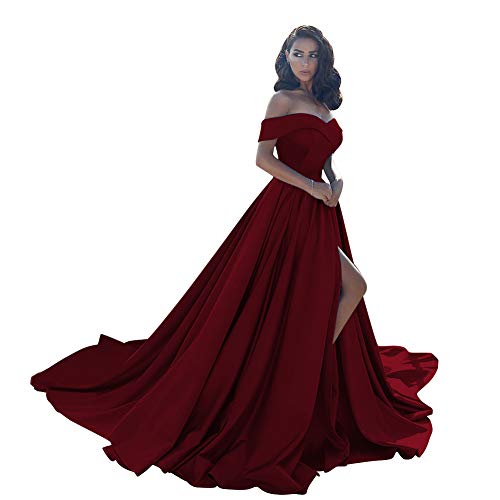 2021 Ball Gown Satin Prom Dresses Wine Red Long Off Shoulder Split Formal Plus Size Wedding