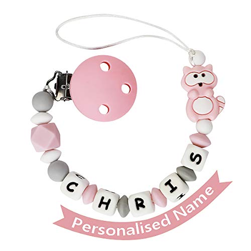 Pacifier Clip Personalized Name, MCGMITT Customized Binky Holder Teething Silicone Beads for Baby Girls Boys (Pink)
