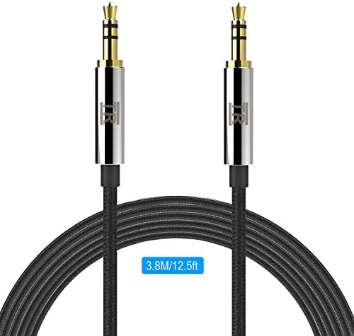 Audio Cable, TechRise 3.8 Meter Nylon Braided Premium Auxiliary Aux Audio Cable Cord for Headphones, iPods, iPhones, iPads, Home / Car Stereos and More - Black