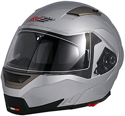 AVE A-48 Adventure Modular Flip-Up Motorcycle Helmet and Drop Down Sun Visor (Silver, X-Large)