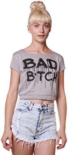 Pomelo Womens Jersey 'Bad B*tch' Short Sleeve Crop Top L Grey