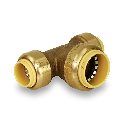 Everflow Supplies Pushlock UPET121234 1/2 Inch x 1/2 Inch x 3/4 Inch Long Push Tees Push-Fit Fittings, Made W/ Lead Free DZR Forged Brass, Connect PEX, CPVC & Copper, Pre-Lubricated Quick Installation