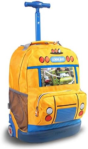 Kids Yellow Blue School Bus Themed Rolling Backpack, Girls School Duffel Wheels, Fun Disney Bus Suitcase, Fashionable, Wheeling Luggage