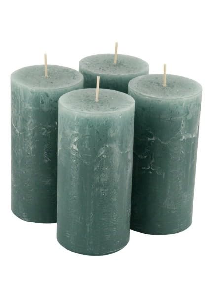 Rustic Pillar Candles - Pack of 4 - Wax Candles / Rustic Candles / Advent Candles Christmas (Emerald Green, Large: Height 14 cm / Diameter 7 cm)