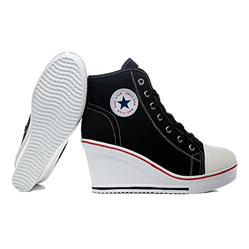 mewow Womens Girl's Casual Plus Size High Top Wedge Heel Canvas Shoes Fashion Sneaker (6.5, Black) - Thumbnail 5