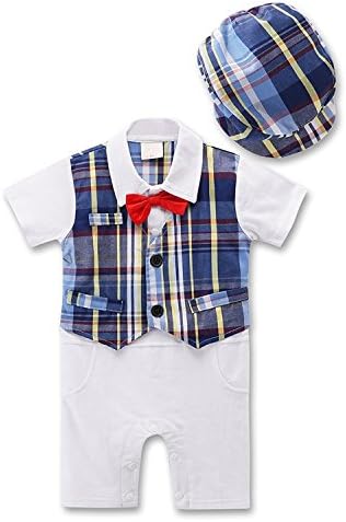 Baby Boy Tuxedo, 2pcs Short Sleeve Toddler Gentleman Outfits &amp; Berets Hat with Bowtie