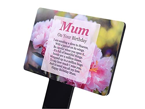 OriginDesigned NEW 'Mum On Your Birthday' Memorial - Sublimated Aluminium Memorial Plaque, mounted onto an acrylic stake, for outdoor use