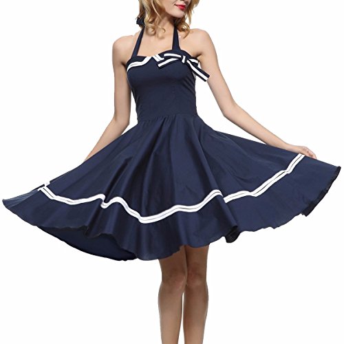 Samtree Women's Vintage Sailor Navy Style Party Cocktail Halter Swing Dress(M,Blue)