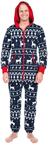 Cityofli Men's Christmas Hooded Pyjamas Elk Print Long Sleeve Jumpsuit Family Clothes (4XL, Blue)