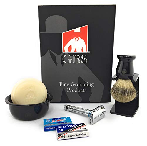 GBS Mens Vintage DE Shaving and Beard Grooming Set - Ceramic Black Bowl Butterfly Safety Razor, Pure Badger Brush, Drip Stand Brush Holder, GBS Natural Shave Soap + Blades Best Economic Wet Shaving Ki
