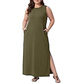 OLRIK Plus Size Sleeveless Maxi Dress Summer Casual Side Slit Crew Neck Sundress Long Beach Dress with Pockets