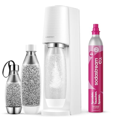 Sodastream Wassersprudler Terra White Value Pack x 3 mit 2 x 1L Flaschen und 1 x 1/2L Flasche spülmaschinenfest und 1 x CO2 Quick Connect Zylinder für