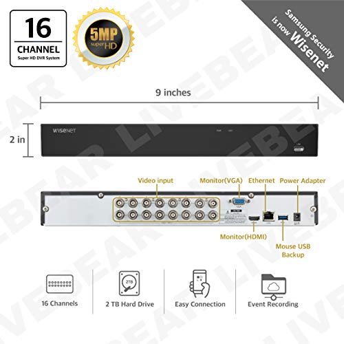 Wisenet SDH-C85085BF 16 Channel Super HD DVR Video Security System with 2TB Hard Drive and 8 5MP Weather Resistant Bullet Cameras (SDC-89445BF)