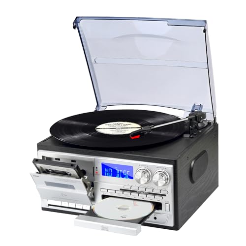 JORLAI 9 in 1 3 Speed Turntable with Remote Control, Bluetooth Vinyl Turntable with Built-in Speakers CD/Cassette Radio AM/FM USB/SD/MMC 3.5mm Aux-in/RCA-Out, Black