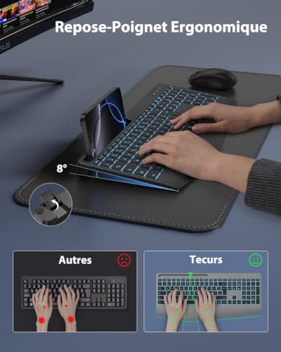 TECURS Clavier sans Fil 2,4 GHz AZERTY Français avec Repose-Poignet, Noir | Rétroéclairage 7 Couleurs, Rechargeable, Ergonomique, Récepteur 2-en-1 USB-A et Type-C, Silencieux, pour Windows PC, Bureau
