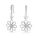 Double Flower CZ Daisy Sterling Silver Dangle Earrings