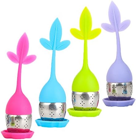 Tea Infuser, COOCANKE Set of 4 Tea Strainer Filter Stainless Steel Tea Interval Diffuser Tumbler Sets with Silicone Leaf Handle for Loose Leaf Grain Tea Cups, Mugs, and Teapots (Maple)