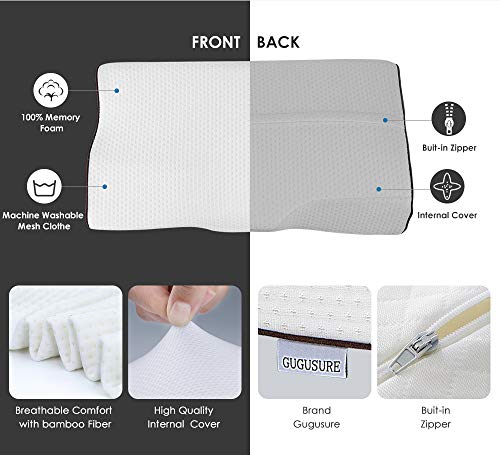 Gugusure Memory Foam Pillow, Orthopedic Pillow, Cervical Contour Massage Bed Pillows for Sleeping, Neck Support Pillow for Neck Pain with Washable Breathable Pillow Case