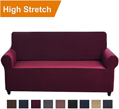 Chelzen Stretch Sofa Covers 1-Piece Polyester Spandex Fabric Living Room Couch Slipcovers (Large, Wine Red)