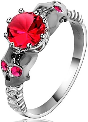 Lucky Dora Black White Gold Two-Tone Plated Red Lab Stone Garnet CZ Skulls Rings for Women Statement, Size 5