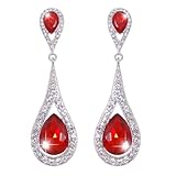 EVER FAITH Women's Austrian Crystal Elegant Dual Teardrop Pierced Dangle Earrings Ruby Color Silver-Tone