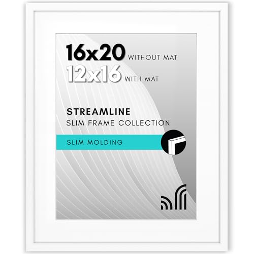 Photo 1 of Americanflat 16x20 Picture Frame with Polished Plexiglass - Use as 12x16 Frame with Mat or Display 16x20 Photo Without Mat - Streamline Collection - Thin Border Picture Frames for Wall - White