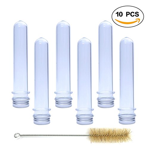 R.FLOWER 10 Clear Plastic Test Tubes with Screw Caps, Candy bottle, Cosmetics Bottles, Bath Salt Containers, 25x140mm(40ml) with 1 50ml Plastic Beaker and 1 pieces of test-tube brush for Gifts