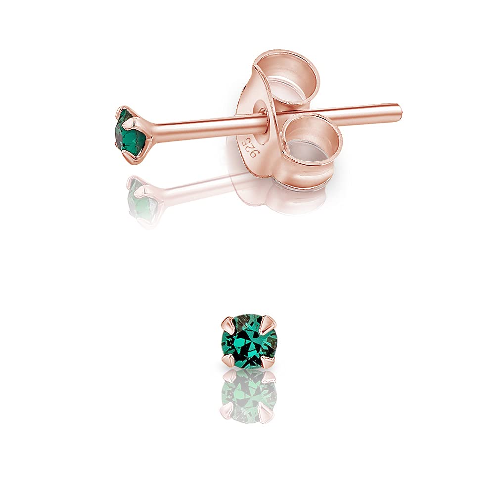 DTPSilver - 925 Sterling Silver Rose Gold plated Round TINY Stud Earrings made with Glittering Crystals from Swarovski® Elements - Diameter: 2 mm - Colour : Green Emerald
