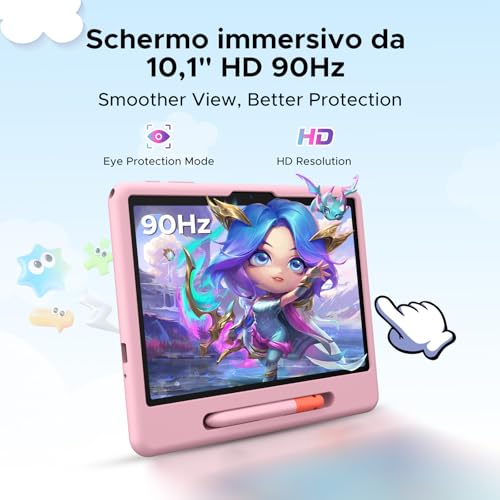 Easerush P10 Kid Tablet con Penna Custodia in Silicone, Rosa | Tablet 10 Pollici con 32GB RAM+64GB ROM Tablet per Bambini, 90Hz Tablet Android 16 & Gemini AI, 7000mAhT310/5G WiFi/8MP+5MP