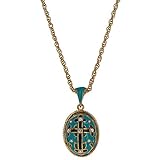 Turquoise Enamel Black Cross Royal Russian Egg Pendant Necklace 22"