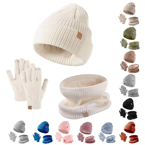 3PCS Kids Winter Hats Gloves Scarf Set, Childrens Knitted Hat Set, Toddler Winter Accessories, Touchscreen Mitten Neck Warmer, for Boys Girls Age (Beige, One Size)