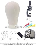Eerya 21-24 Inch Canvas Block Head Set for Wig Display Making Hair Weave and Styling Mannequin Head with Mount Hole C Stand, Styling Hair Clips, T Needle, C Needles, Thread, Lace Wig Caps (22 Inch)