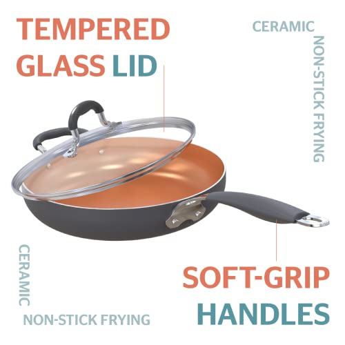 SUNHOUSE 11 inch Ceramic Nonstick Frying Pan with Lid Soft Grip