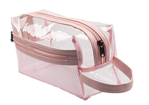 Heavy Duty Clear Toiletry Makeup Bags Transparent Shaving Bag Water Resistant Cosmetic Bag Organizer Pouch for Travel with Zipper and Handle (2 PCS PINK With Net Pocket)